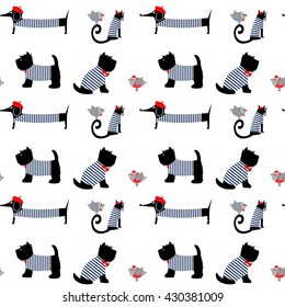 French style dressed animals seamless pattern. Cute cartoon parisian dachshund, cat, birds and scottish terrier vector illustration. Cute design for print on baby's clothes, textile, decor.