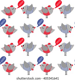 French style dressed birds saying bonjour (hello) seamless pattern on white background. Cute cartoon girl and boy birds vector illustration. Sparrows with red bow tie, beret, red dress and striped frock.