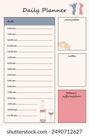 French style planner template with sections for schedule, notes, reminders and daily confirmations. Includes illustrations of French food - cheese and wine.