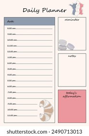 French style planner template with sections for schedule, notes, reminders and daily confirmations. Includes illustrations of French food - croissant and macaroons.