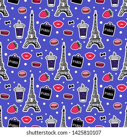 French style. Seamless pattern Paris. Eiffel Tower with coffee and macaroons. Surface design. Vector sketch illustration stickers on blue color background.