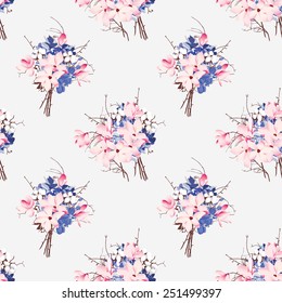 French style seamless vector pattern Magnolia, hydrangea, cotton, orchid 