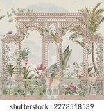 French style trellis garden with pink flower, rose, bird, vase, palm tree and plants illustration pattern for wallpaper