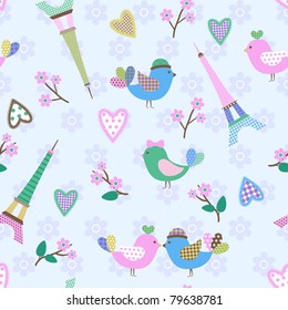 French styled pattern with birds, hearts and Eiffel. Blue. Vector seamless.