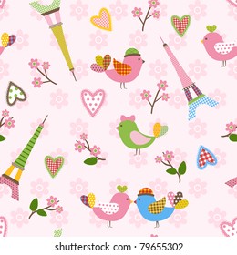 French styled pattern with birds, hearts and Eiffel. Pink. Vector seamless.