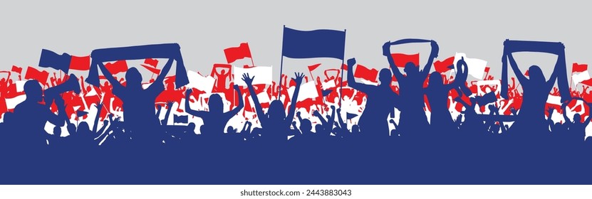 French supporters in national flag colors blue, white, red for sports background, silhouette flat design. Male and female fans with hands in the air, banners, flags, scarfs. Design with three layers