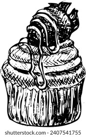 French sweet cake with chocolate vector ink sketch