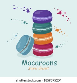 Macarones dulces franceses. Una pila de deliciosos pasteles. Un postre delicioso, un buen regalo. Vector