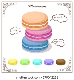 French sweets. Colorful macaroon. Vector illustration of chocolate raspberry strawberry vanilla pistachio macaroons.