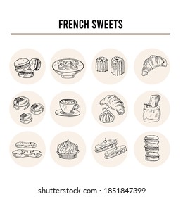 French sweets Vector set with food and drink hand drawn doodles.