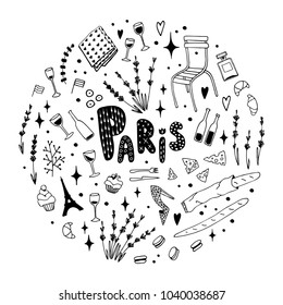 French symbols: wine, croissant, perfume, Eiffel tower, fashion items. Set of abstract isolated design elements about Paris. Hand drawn vector black and white illustrations. Cartoon, doodle.