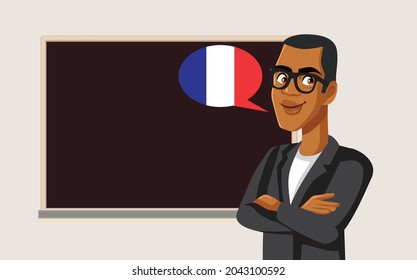 French Teacher Standing in Front of the Blackboard Vector Illustration. Male professor teaching a foreign language in front of the classroom chalkboard 
