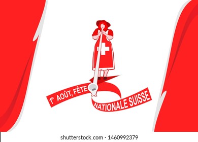 French text: August 1, Swiss national day with a women playing alphorn, traditional music instrument from Switzerland vector illustration. Suitable for greeting card, poster and banner.