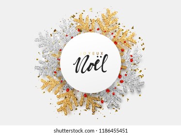 French text Joyeux Noel. Christmas background with Shining gold Snowflakes. Merry christmas greeting card, web banner, poster vector Illustration. Holiday Xmas and New Year