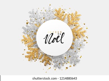 French text Joyeux Noel. Christmas background with Shining gold Snowflakes. Merry christmas greeting card, web banner, poster vector Illustration. Holiday Xmas and New Year