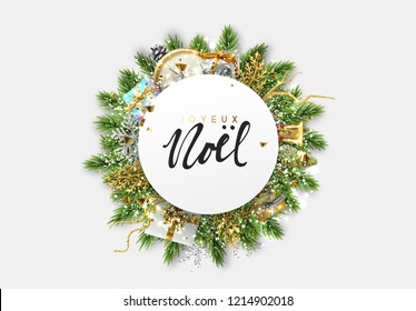 French text Joyeux Noel. Christmas design vector background. Bundle of pine branches, Xmas decoration object, gift box, antique clocks, golden bell. Covered with snow and bright gold confetti