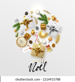 French text Joyeux Noel. Christmas greeting card with holiday objects. Background with gift box and balls design. Postcard with clocks, candles and fir branches. Xmas decoration elements.