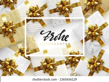 French text Joyeux Noel. Christmas vector background with gift box with gold bow