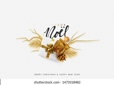 French text Joyeux Noel. Christmas bright background with golden decorations. Xmas greeting card. Happy New Year. Festive objects in the form of border gold gifts box, bauble balls.