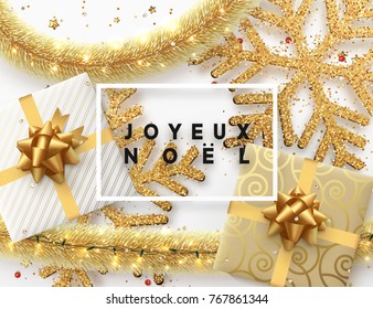 French text Joyeux Noel. Christmas background. Design illustration golden bright decorations, shining sparkles of snowflakes, gift box, gold tinsel and light garland. Xmas card vector