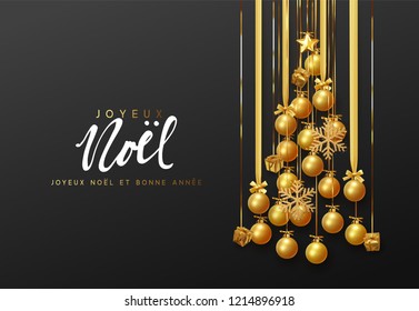 French text Joyeux Noel. Merry Christmas and Happy New Year. Golden christmas balls hanging design on the ribbon, gold gift and bright snowflakes in the shape of pine tree.