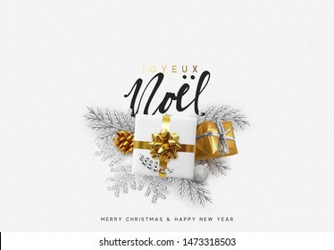 French text Joyeux Noel. Merry Christmas and Happy New Year. Xmas Festive background with realistic design elements. Holiday Objects, gift box, decorative pine branches. Top view flat lay.