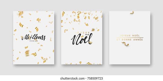 French text Joyeux Noel. Merry Christmas and Happy New Year greeting card. Background flying golden confetti and serpentine