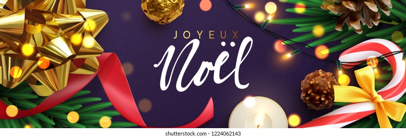 French text Joyeux Noel. (Translation Merry Christmas and happy new year)  Horizontal christmas banner, posters, card, headers, website. Sparkling lights garland with gift bow and green pine branches.