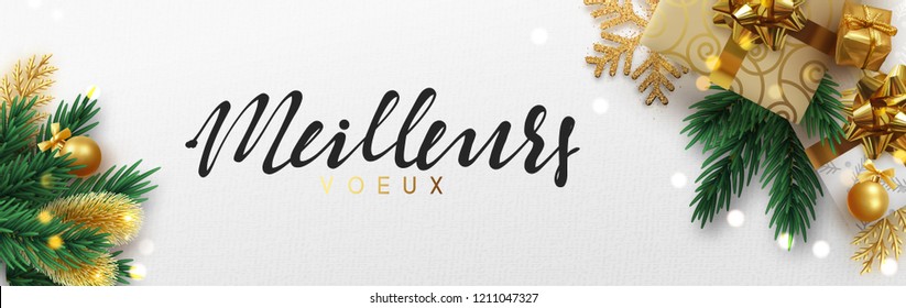 French text meilleurs voeux (Translation best wishes) Christmas banner, Xmas sparkling lights garland with gifts box and golden tinsel. Horizontal christmas posters, cards, headers, website.