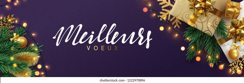 French text meilleurs voeux (Translation best wishes) Christmas banner, Xmas sparkling lights garland with gifts box and golden tinsel. Horizontal christmas posters, greeting cards, headers, website.