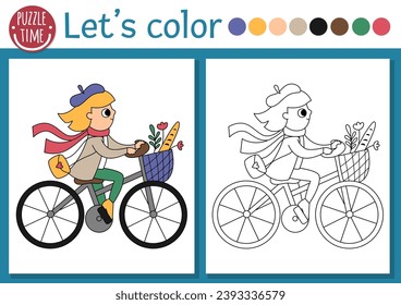 French themed coloring page for children with girl with baguette riding a bike. Vector French outline illustration. Color book for kids with colored example. Drawing skills printable worksheet
