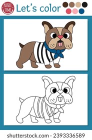 Página de coloreo de temática francesa para niños con bulldog con bufanda azul. Ilustración del contorno del vector francés. Libro de colores para niños con ejemplo de color. Dibujar habilidades imprimibles hoja de cálculo con perro lindo
