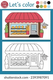 Página de colorido de temática francesa para niños con panadería. Ilustración del contorno del vector francés. Libro de colores para niños con ejemplo de color. Hoja de trabajo con habilidades de dibujo imprimibles con una tienda de pan tierno
