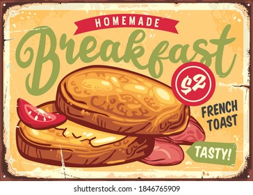 French toast breakfast sign menu board design. Fried bread retro poster for restaurant or cafe bar. Vector ad.