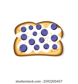 French toast spread with jam is topped with blueberries and sesame seeds. Toast bread food menu for healthy breakfast. vector design for toast recipe with blue berries.