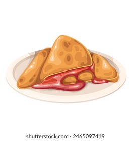 French toast stuffed with strawberry jam, cartoon dessert on plate. Funny fried toast bread slices of triangle shape and red fruit sauce, cartoon sweet sandwich for breakfast vector illustration