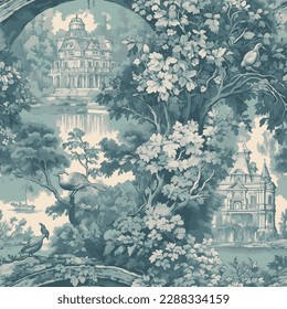 French toile de jouy house and tree