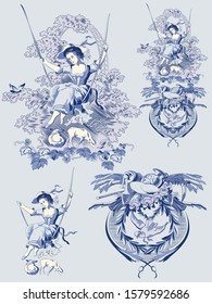 French toile prints Lady vector