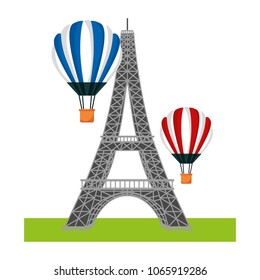 french tower eiffel and hot air balloons flying