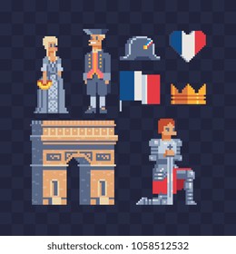 French tradition elements pixel art set part 2, theme of France icons. National flag, woman and man in historical costume, knight character and Triumphal arch. 8-bit. Design for logo, sticker, app.