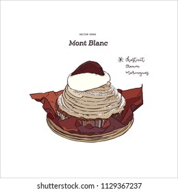 French traditional cake "Mont Blanc" with chestnuts cream, hand draw sketch vector.  A Mont Blanc is a dessert of puréed, sweetened chestnuts filled mostly with whipped cream.