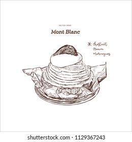 French traditional cake "Mont Blanc" with chestnuts cream, hand draw sketch vector.  A Mont Blanc is a dessert of puréed, sweetened chestnuts filled mostly with whipped cream.