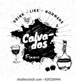 French traditional Calvados with graphic elements on the map of France. 
