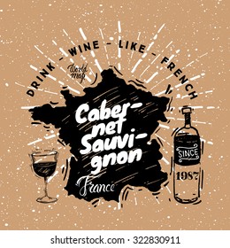 French traditional type  of wine with graphic elements on the map of France.
