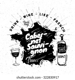 French traditional type  of wine with graphic elements on the map of France.
