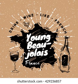 French traditional young wine with graphic elements on the map of France. 