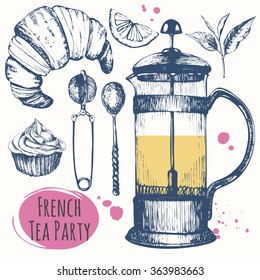 French traditions of tea ceremony. Teatime with desserts. Decorative elements for your design. Vector Illustration with party symbols on white background. 