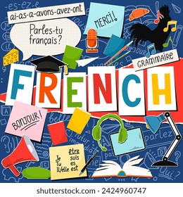 French. Translation: thank you; Good morning; grammar; Do you speak French; I am; You are; He, she is; have. French language concept. 