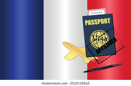 French Travel Documentation Concept with blue Passport and France Flag. Approved Stamp. Airplane and Traveling Tickets. Ideal for Immigration Tourism and Traveling Themes. Vector EPS available