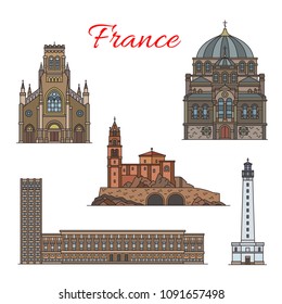 French travel landmark icon set of famous France architecture. Alexander Nevsky Cathedral, Chapel of St Michel and Town Hall of Havre, St Eugenia Church and St Martin Lighthouse